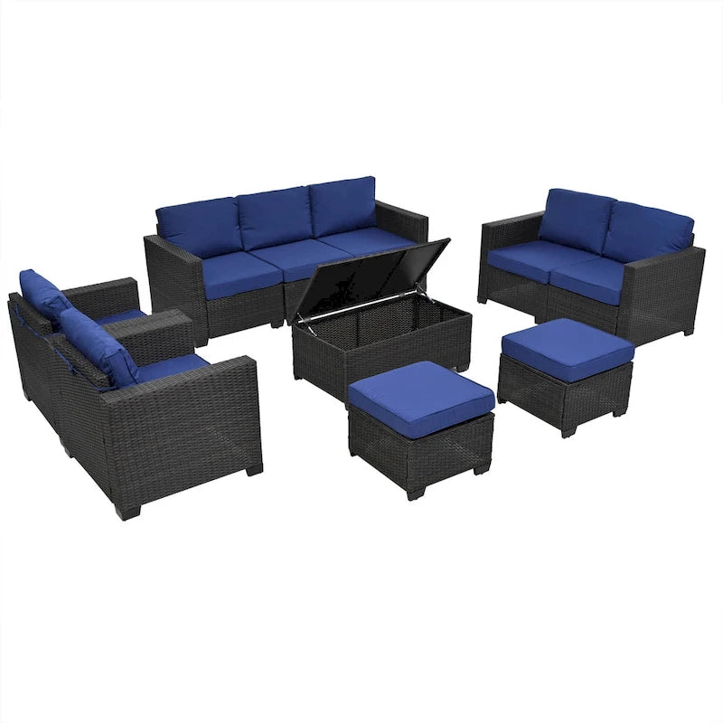 10-Piece Rattan Sectional Sofa Set with Storage Table & Waterproof Cushions