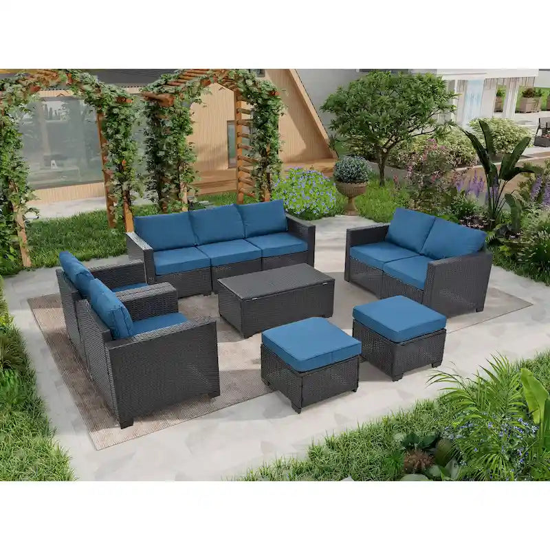 10-Piece Rattan Sectional Sofa Set with Storage Table & Waterproof Cushions