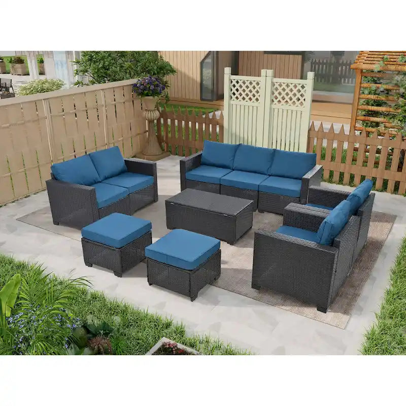 10-Piece Rattan Sectional Sofa Set with Storage Table & Waterproof Cushions