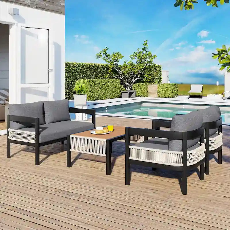 Roomfitters Multi-Person Outdoor Iron Sofa Set with Table, Rattan Decoration, Waterproof, Rust-Proof for Garden, Lawn