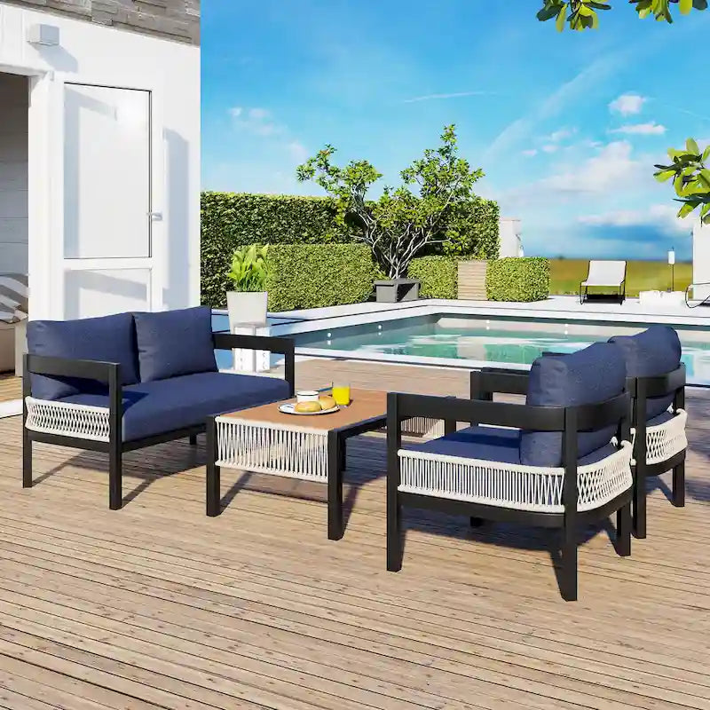 Roomfitters Multi-Person Outdoor Iron Sofa Set with Table, Rattan Decoration, Waterproof, Rust-Proof for Garden, Lawn