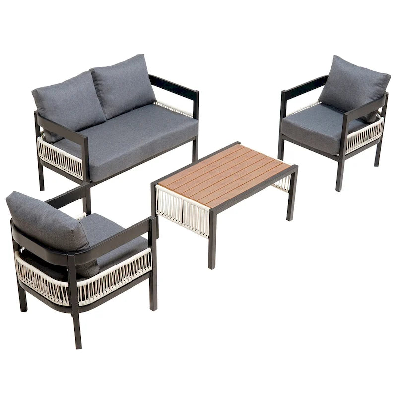 Roomfitters Multi-Person Outdoor Iron Sofa Set with Table, Rattan Decoration, Waterproof, Rust-Proof for Garden, Lawn