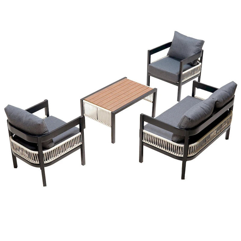 Roomfitters Multi-Person Outdoor Iron Sofa Set with Table, Rattan Decoration, Waterproof, Rust-Proof for Garden, Lawn