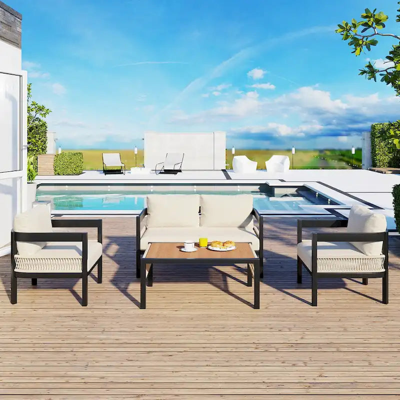 Roomfitters Multi-Person Outdoor Iron Sofa Set with Table, Rattan Decoration, Waterproof, Rust-Proof for Garden, Lawn