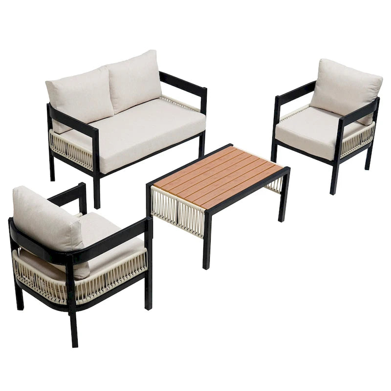Roomfitters Multi-Person Outdoor Iron Sofa Set with Table, Rattan Decoration, Waterproof, Rust-Proof for Garden, Lawn