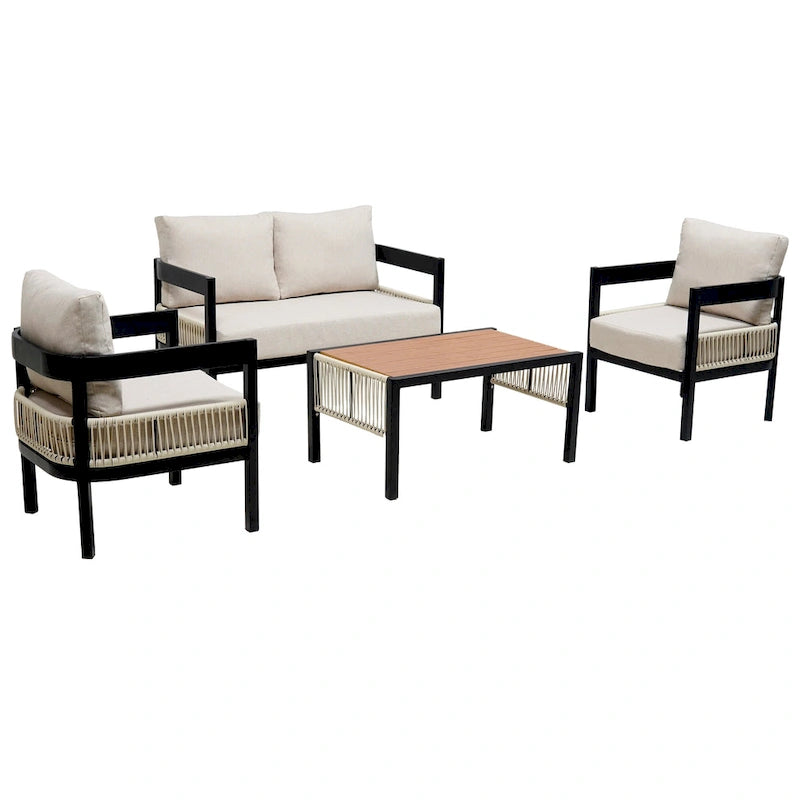 Roomfitters Multi-Person Outdoor Iron Sofa Set with Table, Rattan Decoration, Waterproof, Rust-Proof for Garden, Lawn