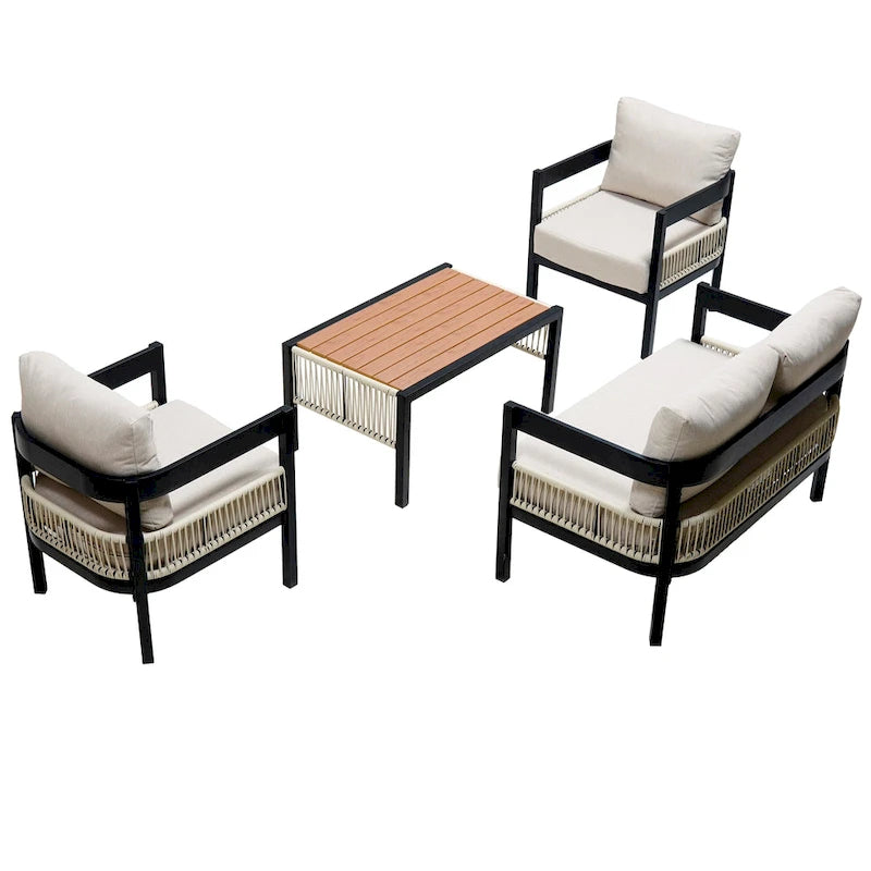 Roomfitters Multi-Person Outdoor Iron Sofa Set with Table, Rattan Decoration, Waterproof, Rust-Proof for Garden, Lawn