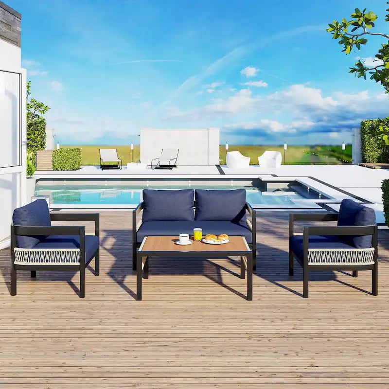 Roomfitters Multi-Person Outdoor Iron Sofa Set with Table, Rattan Decoration, Waterproof, Rust-Proof for Garden, Lawn