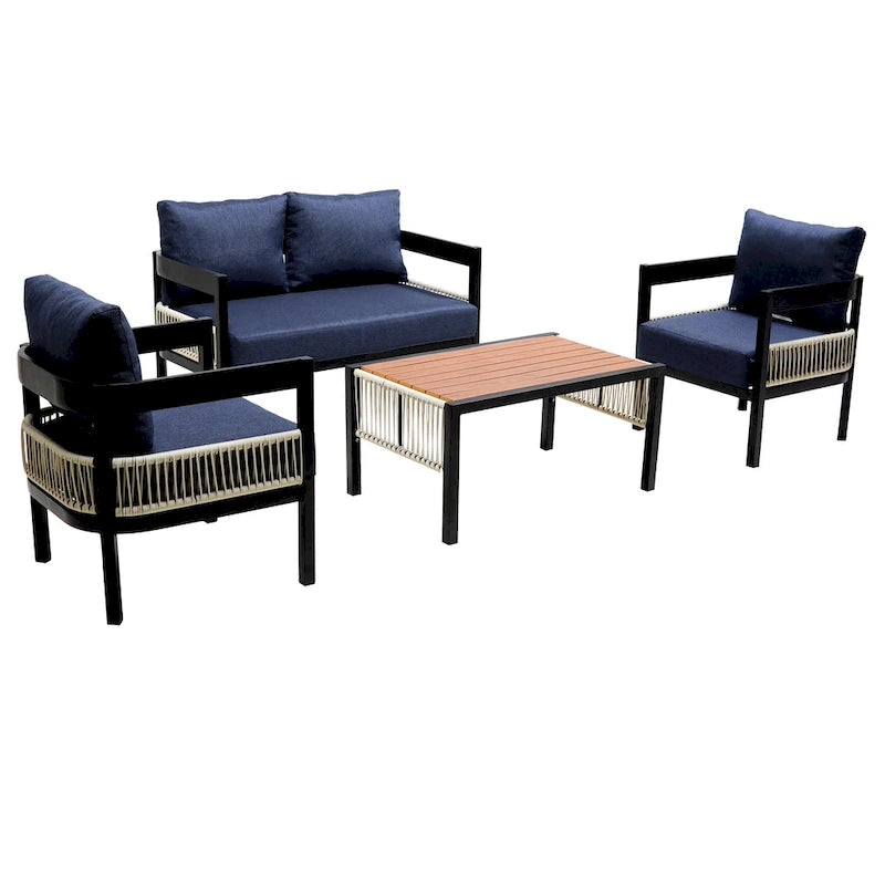 Roomfitters Multi-Person Outdoor Iron Sofa Set with Table, Rattan Decoration, Waterproof, Rust-Proof for Garden, Lawn