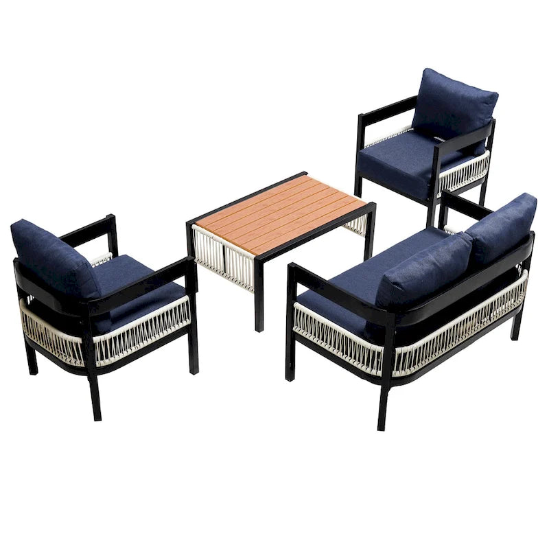 Roomfitters Multi-Person Outdoor Iron Sofa Set with Table, Rattan Decoration, Waterproof, Rust-Proof for Garden, Lawn