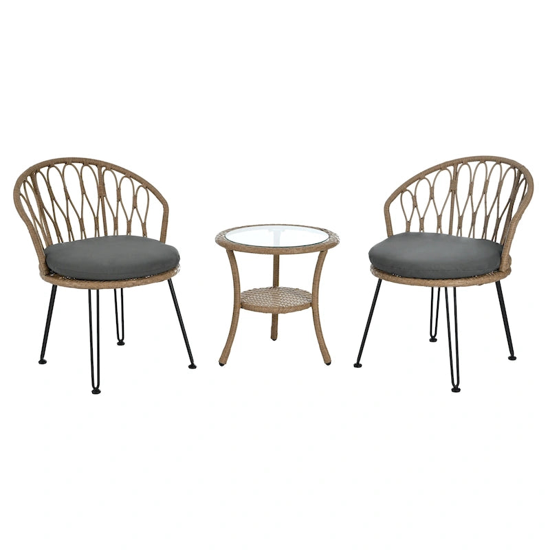 Roomfitters Outdoor Leisure Set, 2 Rattan Single Chairs with Glass Round Table for Patios, Balconies, Courtyards