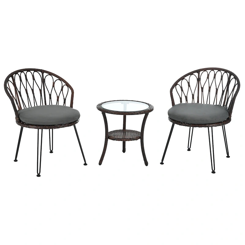 Roomfitters Outdoor Leisure Set, 2 Rattan Single Chairs with Glass Round Table for Patios, Balconies, Courtyards