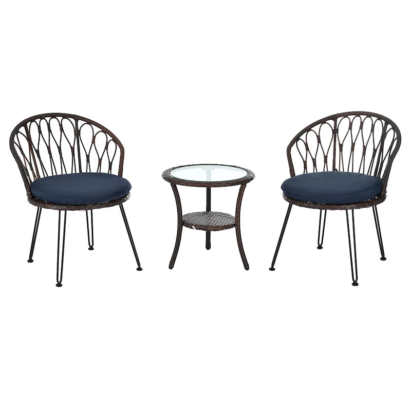 Roomfitters Outdoor Leisure Set, 2 Rattan Single Chairs with Glass Round Table for Patios, Balconies, Courtyards