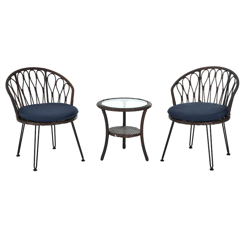 Roomfitters Outdoor Leisure Set, 2 Rattan Single Chairs with Glass Round Table for Patios, Balconies, Courtyards
