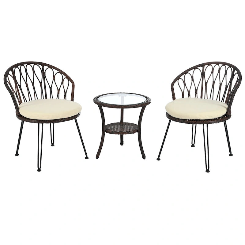 Roomfitters Outdoor Leisure Set, 2 Rattan Single Chairs with Glass Round Table for Patios, Balconies, Courtyards