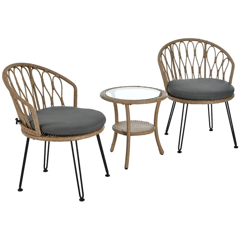 Roomfitters Outdoor Leisure Set, 2 Rattan Single Chairs with Glass Round Table for Patios, Balconies, Courtyards