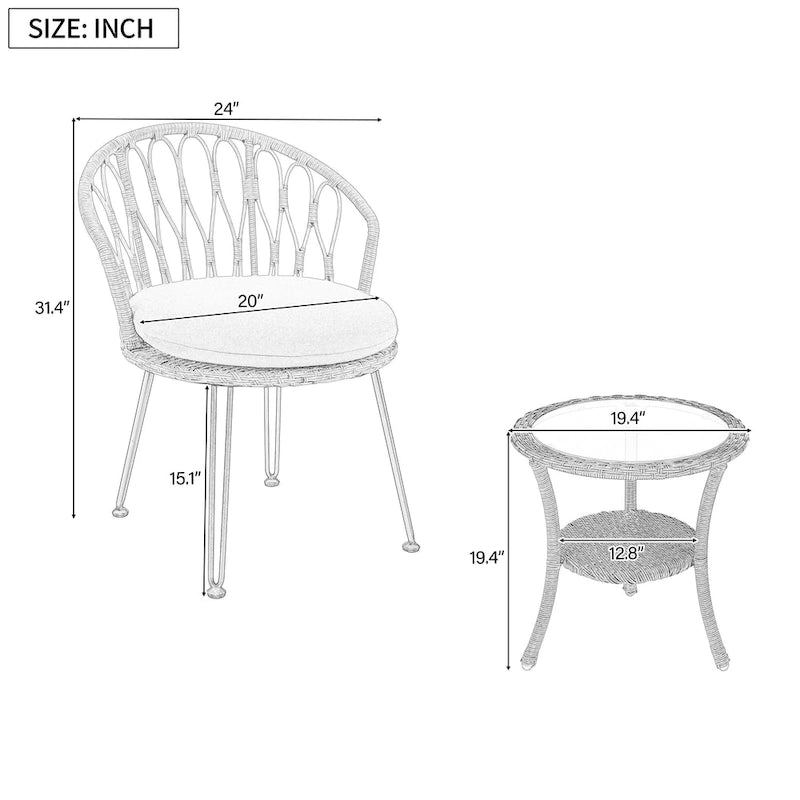 Roomfitters Outdoor Leisure Set, 2 Rattan Single Chairs with Glass Round Table for Patios, Balconies, Courtyards