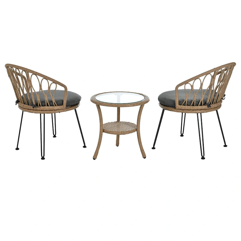 Roomfitters Outdoor Leisure Set, 2 Rattan Single Chairs with Glass Round Table for Patios, Balconies, Courtyards