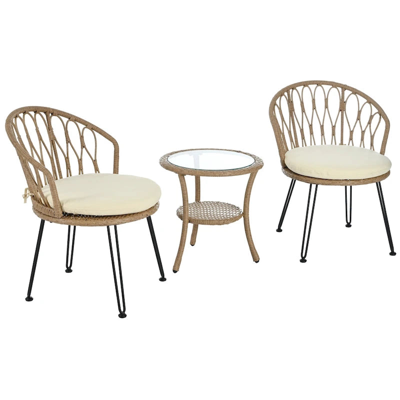 Roomfitters Outdoor Leisure Set, 2 Rattan Single Chairs with Glass Round Table for Patios, Balconies, Courtyards