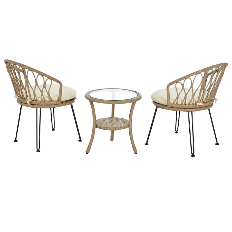 Roomfitters Outdoor Leisure Set, 2 Rattan Single Chairs with Glass Round Table for Patios, Balconies, Courtyards