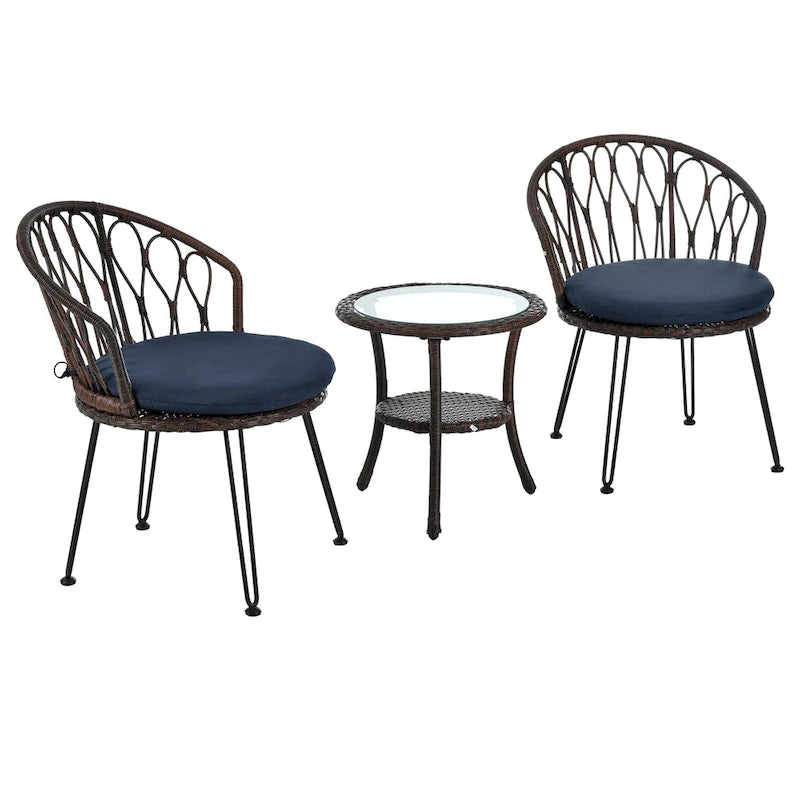 Roomfitters Outdoor Leisure Set, 2 Rattan Single Chairs with Glass Round Table for Patios, Balconies, Courtyards