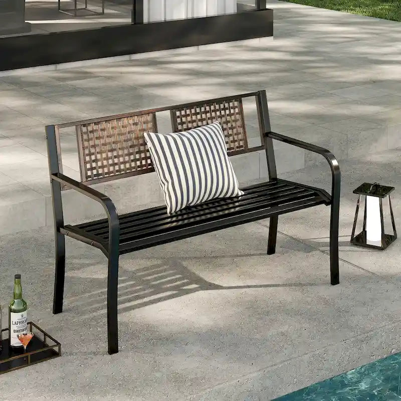 Costway 50  Outdoor Metal Park Bench with Rattan-Like Backrest & - See Details
