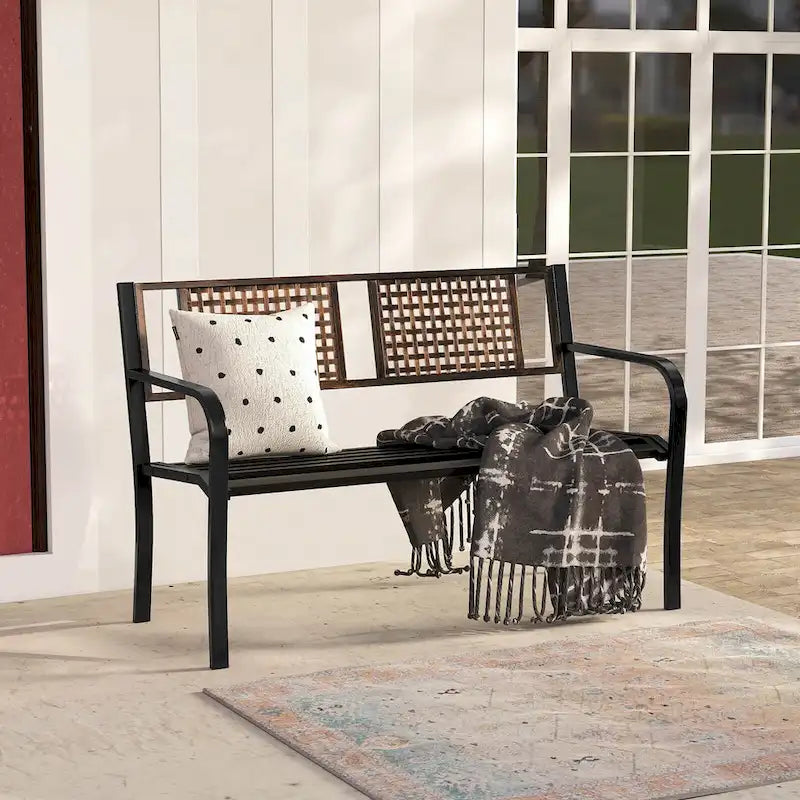 Costway 50  Outdoor Metal Park Bench with Rattan-Like Backrest & - See Details