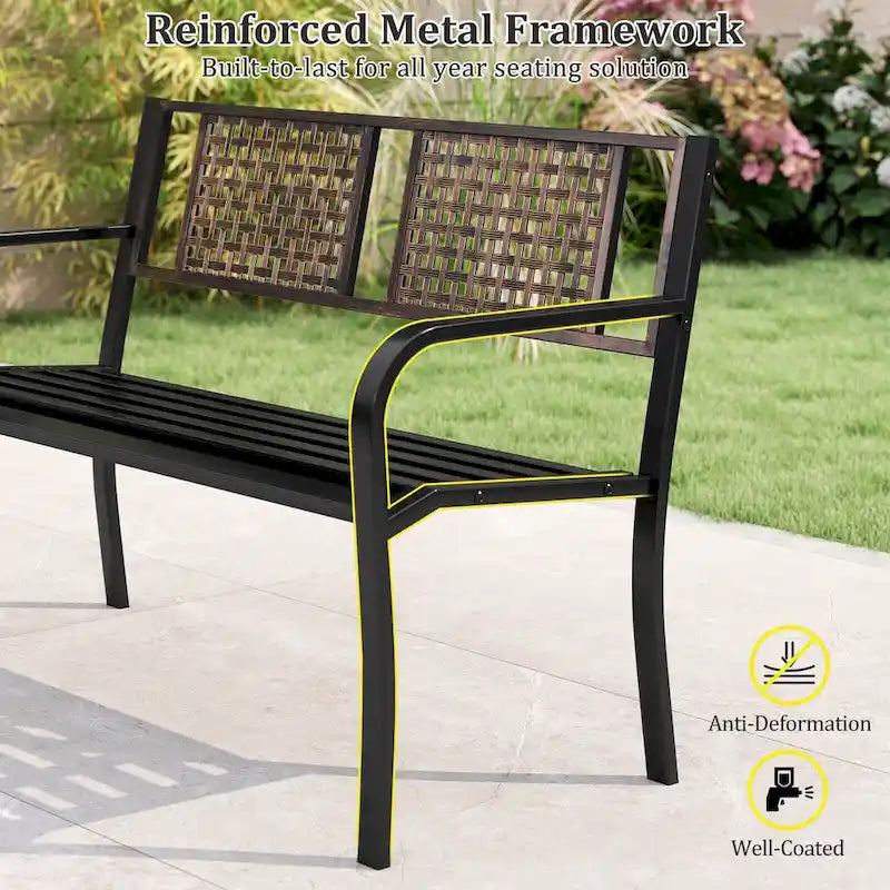 Costway 50  Outdoor Metal Park Bench with Rattan-Like Backrest & - See Details