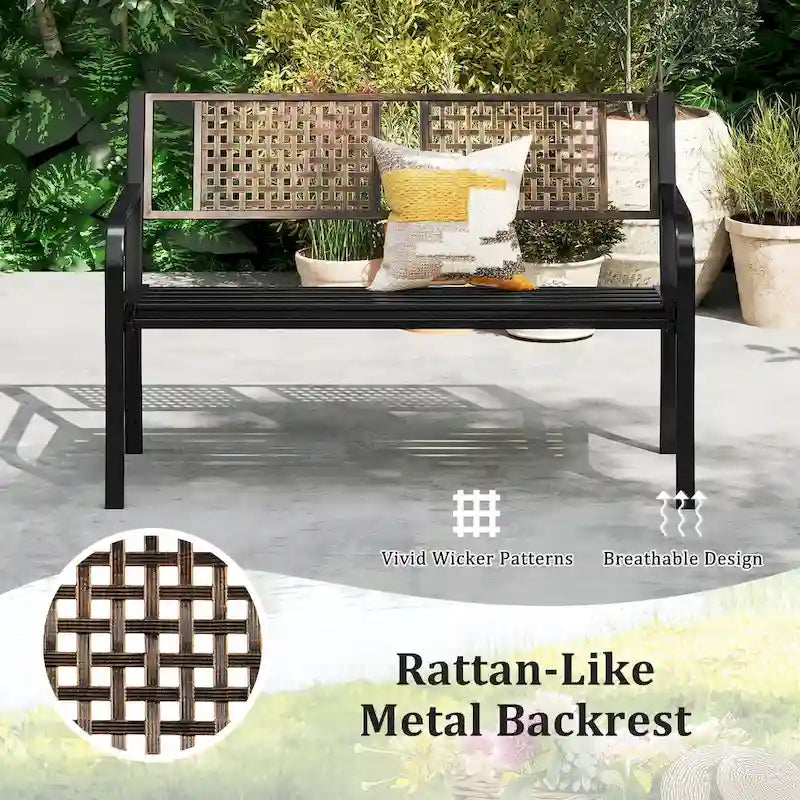 Costway 50  Outdoor Metal Park Bench with Rattan-Like Backrest & - See Details