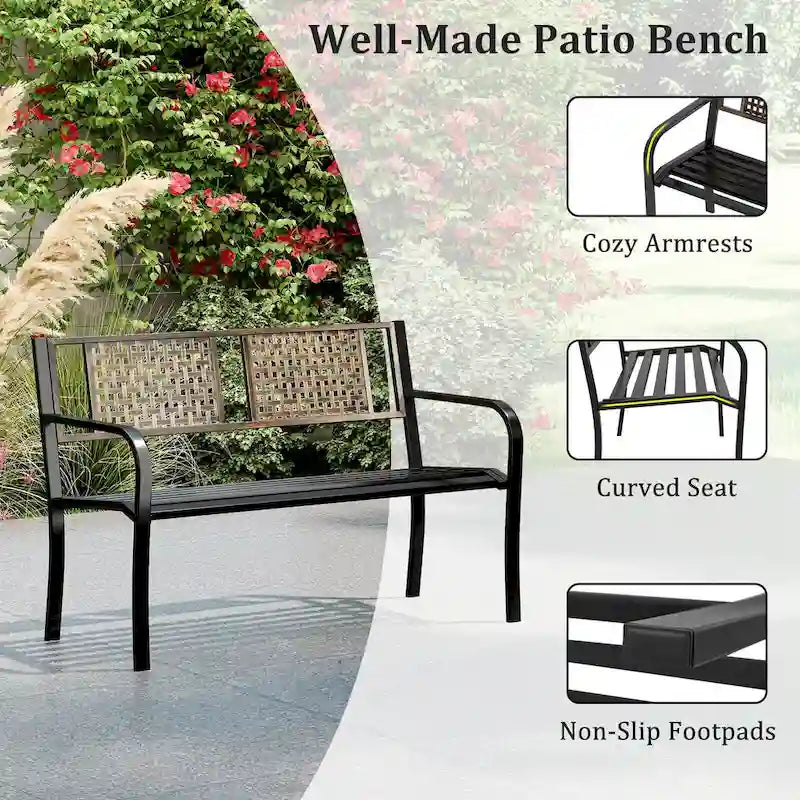 Costway 50  Outdoor Metal Park Bench with Rattan-Like Backrest & - See Details