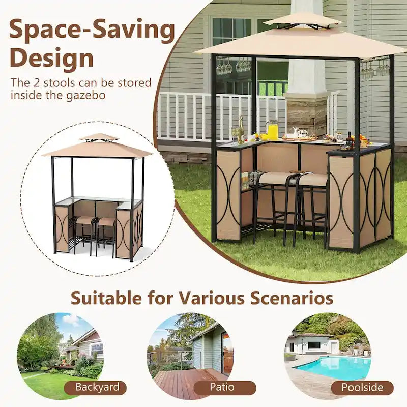 Costway 6.5 x 4 x 8 FT Grill Gazebo Set with 2 Bar Stools, Tempered - See Details