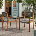 2pc Braided Dining Chair Set Dark Grey Teak Acacia Wood and Rope Outdoor Patio 35in