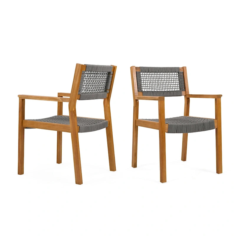 2pc Braided Dining Chair Set Dark Grey Teak Acacia Wood and Rope Outdoor Patio 35in