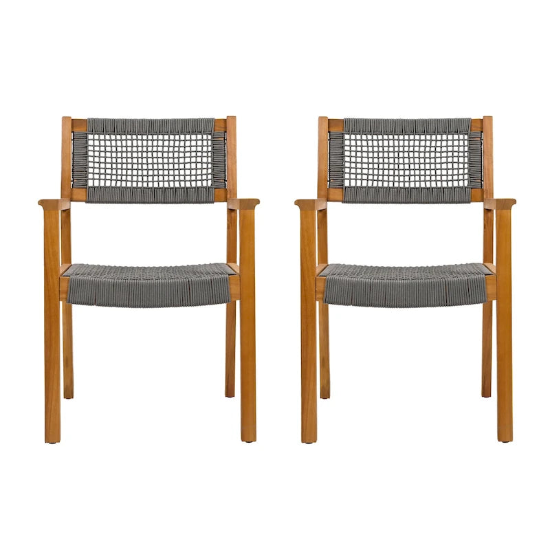 2pc Braided Dining Chair Set Dark Grey Teak Acacia Wood and Rope Outdoor Patio 35in