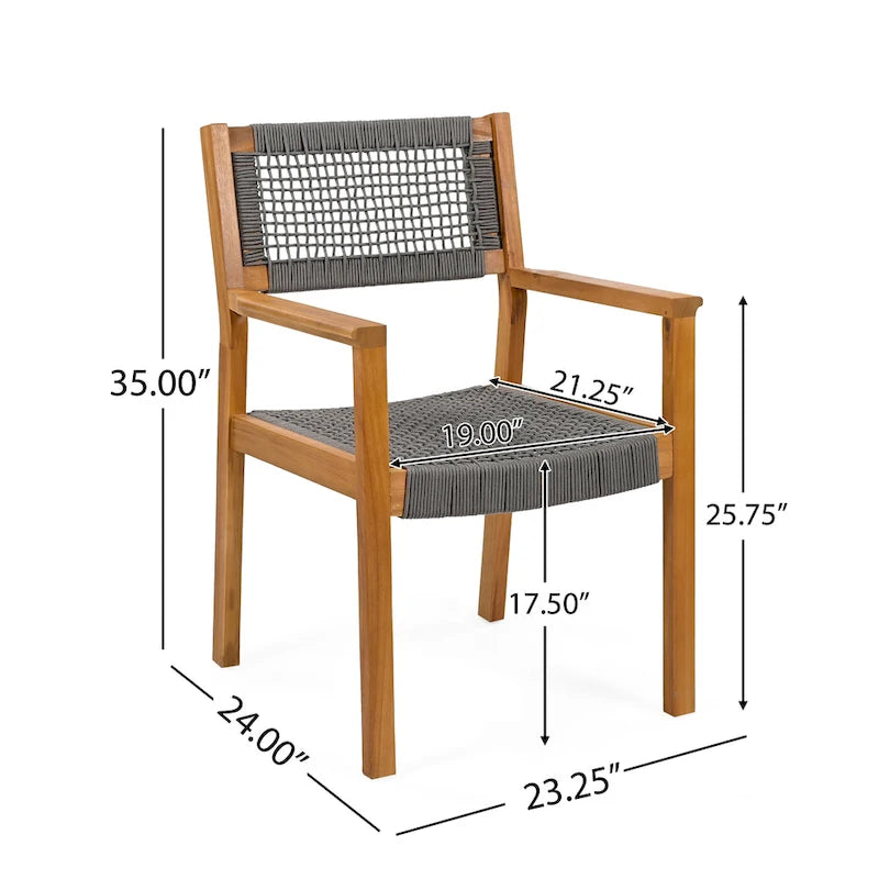 2pc Braided Dining Chair Set Dark Grey Teak Acacia Wood and Rope Outdoor Patio 35in