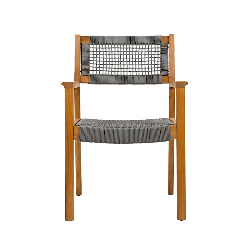 2pc Braided Dining Chair Set Dark Grey Teak Acacia Wood and Rope Outdoor Patio 35in