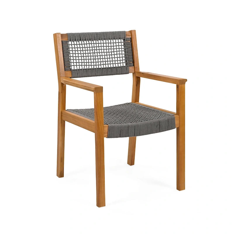 2pc Braided Dining Chair Set Dark Grey Teak Acacia Wood and Rope Outdoor Patio 35in