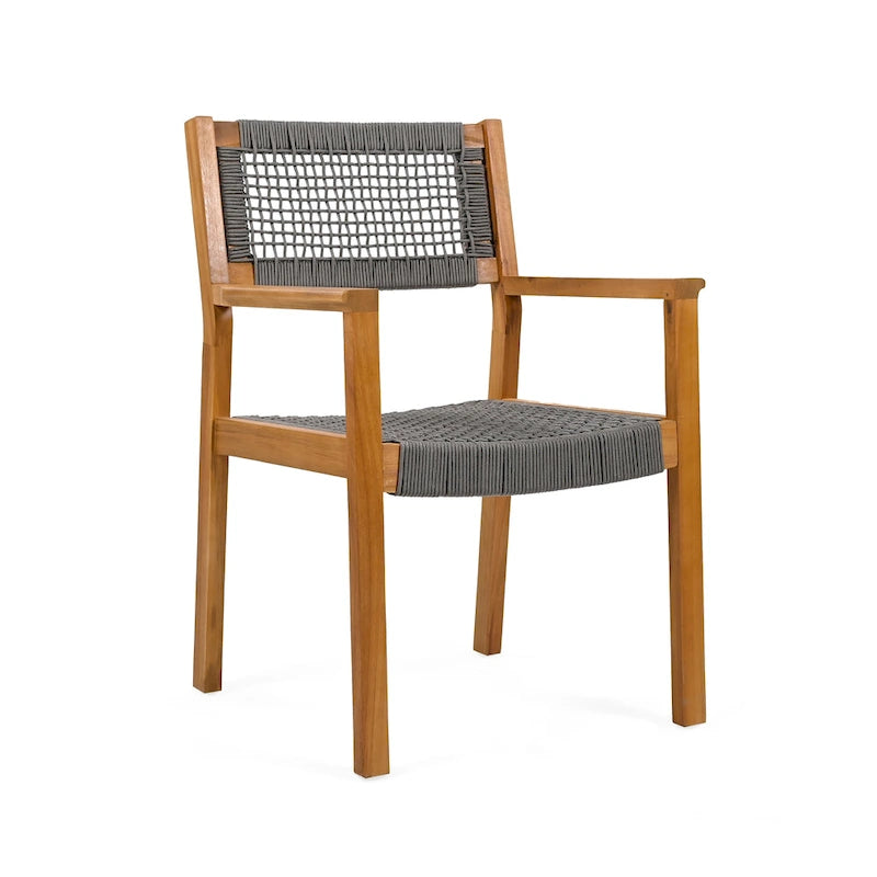 2pc Braided Dining Chair Set Dark Grey Teak Acacia Wood and Rope Outdoor Patio 35in