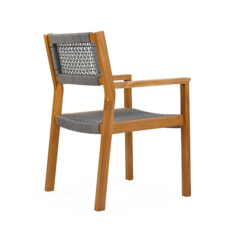2pc Braided Dining Chair Set Dark Grey Teak Acacia Wood and Rope Outdoor Patio 35in