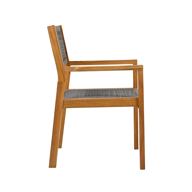 2pc Braided Dining Chair Set Dark Grey Teak Acacia Wood and Rope Outdoor Patio 35in