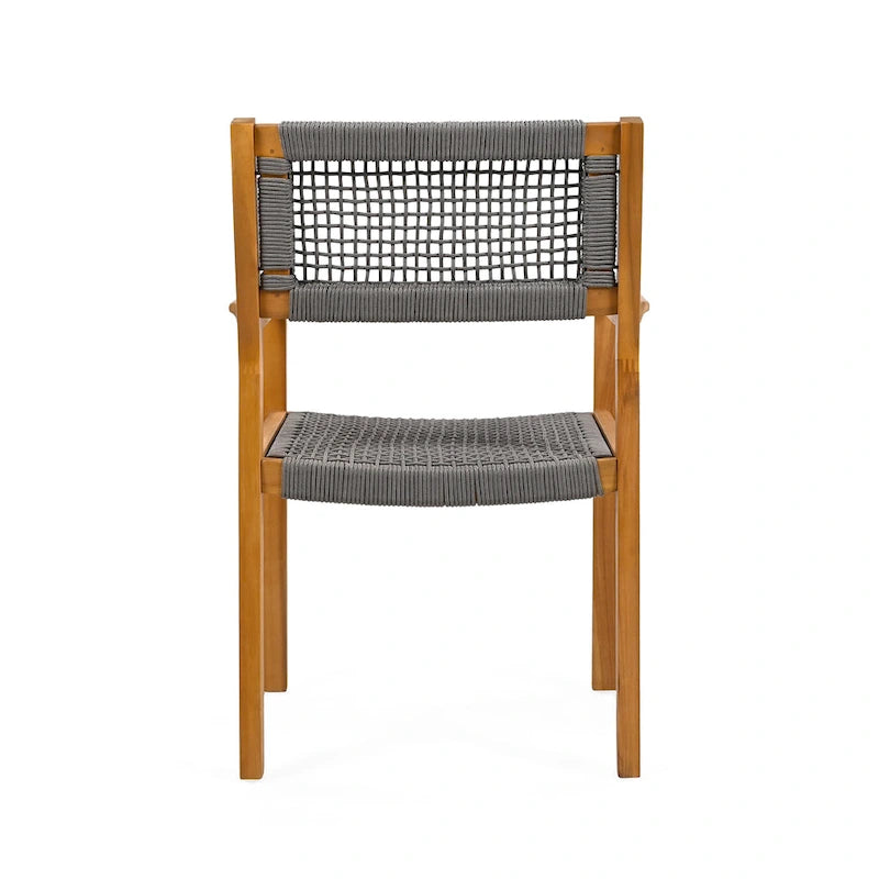 2pc Braided Dining Chair Set Dark Grey Teak Acacia Wood and Rope Outdoor Patio 35in