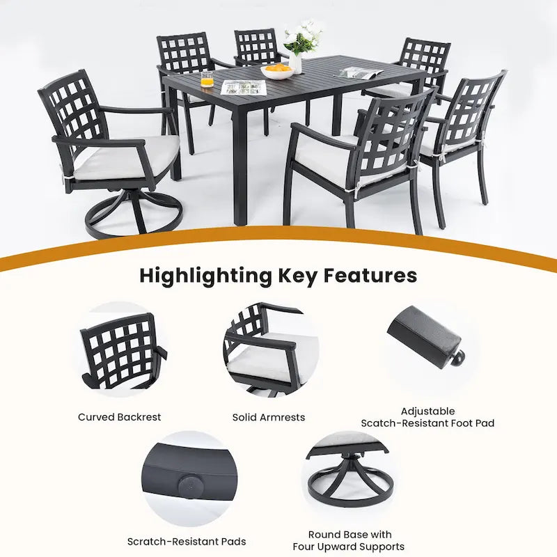 7 Pcs Outdoor Patio Dining Set, All Weather Patio Furniture Set with Rectangular Table, 4 Fixed Chairs, 2 Swivel Rocking Chairs