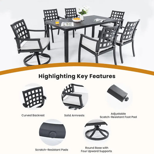 7 Pcs Outdoor Patio Dining Set, All Weather Patio Furniture Set with Rectangular Table, 4 Fixed Chairs, 2 Swivel Rocking Chairs