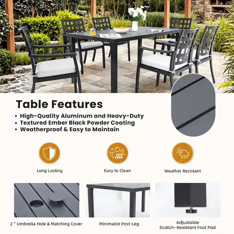 7 Pcs Outdoor Patio Dining Set, All Weather Patio Furniture Set with Rectangular Table, 4 Fixed Chairs, 2 Swivel Rocking Chairs