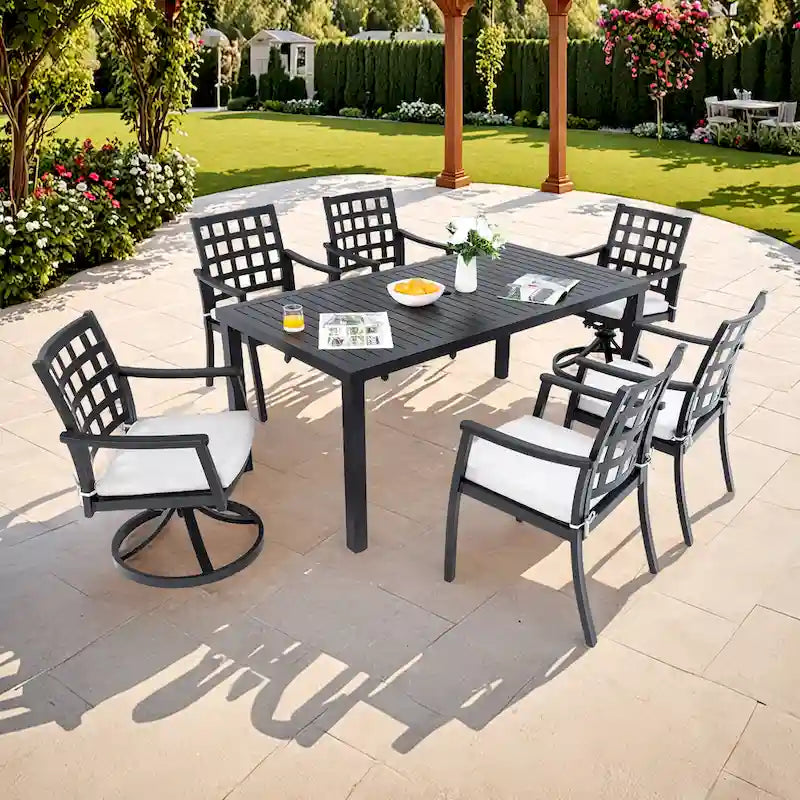 7 Pcs Outdoor Patio Dining Set, All Weather Patio Furniture Set with Rectangular Table, 4 Fixed Chairs, 2 Swivel Rocking Chairs