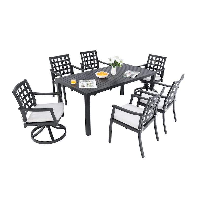 7 Pcs Outdoor Patio Dining Set, All Weather Patio Furniture Set with Rectangular Table, 4 Fixed Chairs, 2 Swivel Rocking Chairs