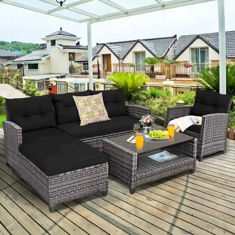 Costway 4PCS Patio Rattan Furniture Set Sofa Ottoman Cushion Garden - See Details