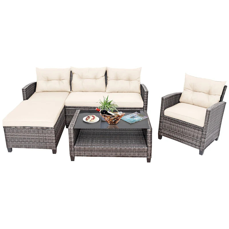 Costway 4PCS Patio Rattan Furniture Set Sofa Ottoman Cushion Garden - See Details