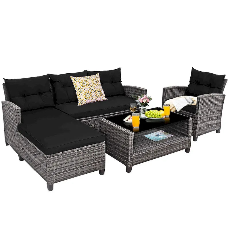 Costway 4PCS Patio Rattan Furniture Set Sofa Ottoman Cushion Garden - See Details