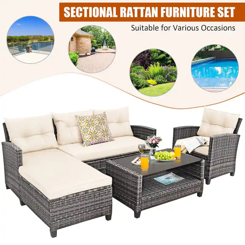 Costway 4PCS Patio Rattan Furniture Set Sofa Ottoman Cushion Garden - See Details